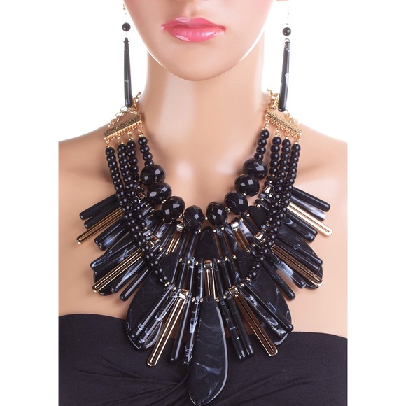 Black Mix Marbled Resin & Bead Statement Necklace - Picture 2 of 3